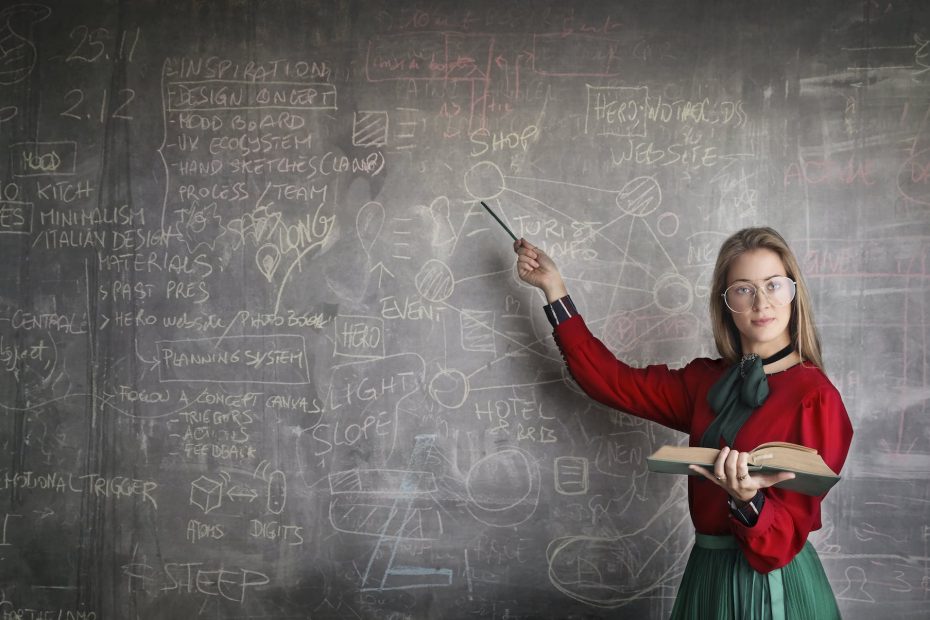 strict female teacher with book pointing at scribbled blackboard