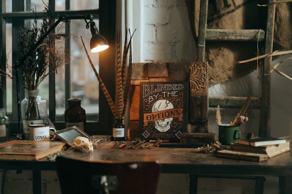 brown wooden table with black and brown table lamp
